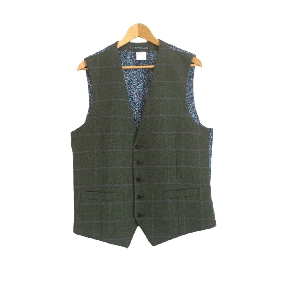 Skopes Wool Waist Coat Vest Green Wool Plaid with Floral Lining & Back Size 42R